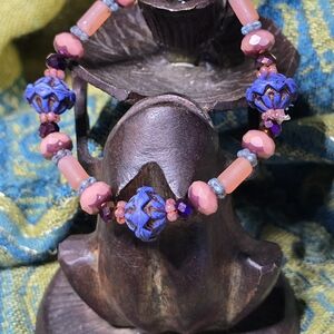 Blue and Salmon Beaded Stretch Bracelet